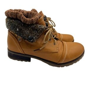 Refresh Wynne-01 Combat Boots Faux Fur Knit Cuff Lace Up Women's 8.5 Tan Winter